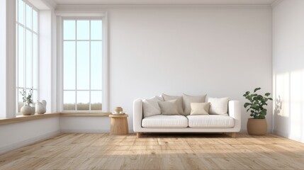 Modern minimalist living room with bright natural light, white sofa, wooden floor, green plants, and large windows creating a serene atmosphere