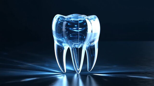 Digital glowing holographic blue tooth structure on dark background used for dental care, science, medical or technology concept