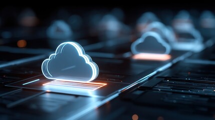 Futuristic data storage concept with glowing cloud symbols on a digital interface representing cloud computing technology and modern information architecture