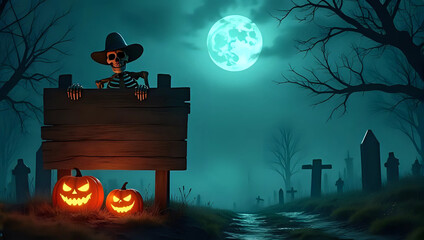 Mockup of blank wooden sign held by skeleton hands, tombstones, glowing jack-o-lantern, foggy graveyard at night - Halloween template, display, backdrop, space, surface