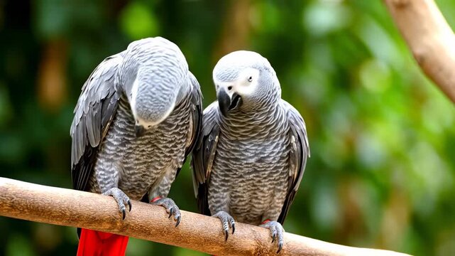 Two African Grey Parrots Perched on a Branch in Natural Habitat.