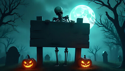 Mockup of blank wooden sign held by skeleton hands, tombstones, glowing jack-o-lantern, foggy graveyard at night - Halloween template, display, backdrop, space, surface