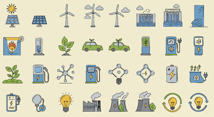 Colorful vector illustration showcasing diverse icons related to renewable energy, including solar panels, wind turbines, and electric vehicles, on a textured background.