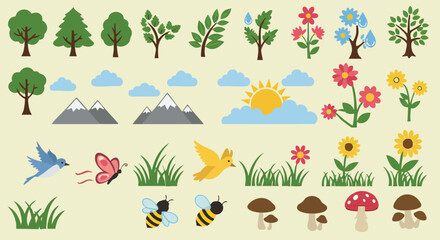 A vibrant collection of nature-themed illustrations, featuring trees, flowers, clouds, mountains, birds, butterflies, bees, mushrooms, and grass against a soft background.