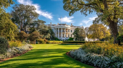 Serenity in the Gardens of an Iconic Historic Building during Vibrant Autumn Seasons with Colorful Flowers and Lush Green Grass Under a Bright Blue Sky