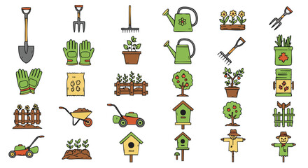 Colorful vector illustration of gardening tools and equipment, perfect for illustrating horticulture, landscaping, and springtime activities in a garden setting.