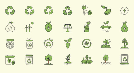 A collection of eco-friendly icons representing sustainability, recycling, renewable energy, and environmental conservation on a light background.