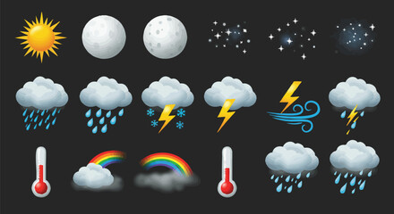 A vibrant collection of weather icons, including sun, moon, clouds, rain, lightning, and temperature, perfect for various design projects.