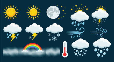 Various weather icons depicting different conditions, including sun, moon, clouds, rain, snow, wind, rainbow, fog, and temperature, against a dark blue background.