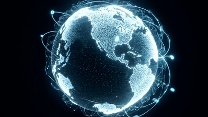 Illuminated digital globe showcasing interconnected data streams in dark background - Powered by Adobe