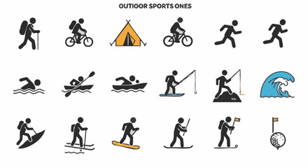 Collection of outdoor sports icons featuring various activities like hiking, cycling, camping, running, swimming, kayaking, fishing, surfing, and skiing.