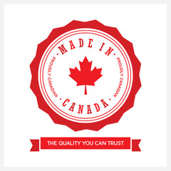 Red abstract isolated round Made in Canada badge banner with leaf icon and The Quality You Can Trust message on white background