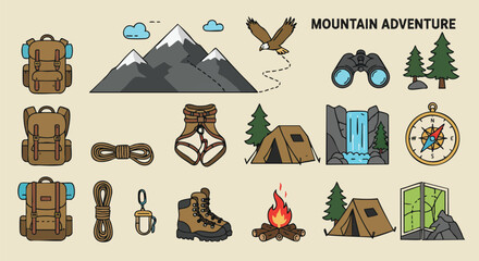 Illustrated collection of mountain adventure elements, including backpacks, boots, compasses, binoculars, trees, waterfalls, and a campfire, perfect for outdoor activity.
