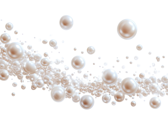 Pearls stream upward against black backdrop, iridescent, varying sizes