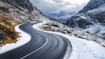 Top view of a spectacular curvy mountain road in winter with snow covering the surroundings symbolizing adventure nature beauty and the dramatic elegance of winding alpine landscapes