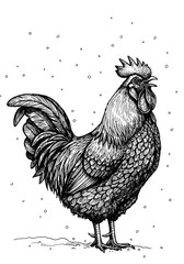 Rooster crowing in snow during winter morning, hand drawn farm animal illustration for rural and seasonal themes