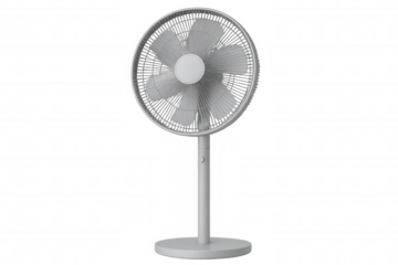 White pedestal fan providing air circulation and cooling, a modern indoor appliance on a transparent background