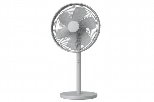 White pedestal fan providing air circulation and cooling, a modern indoor appliance on a transparent background