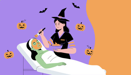 Halloween spa treatment witch esthetician applies pumpkin facial mask for client relaxation