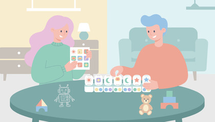 Happy couple engaging in an educational sorting game promoting learning and organization at home