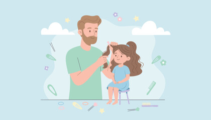 Happy father styling his daughters hair Family care bonding and everyday lifestyle moment