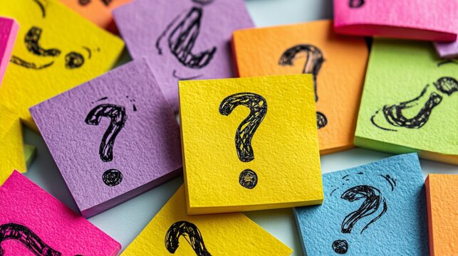 Vibrant sticky notes in various colors featuring hand-drawn question marks and exclamation points, symbolizing inquiry, creativity, and brainstorming sessions in a visually engaging manner.