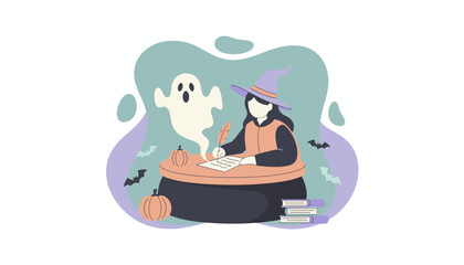 Creative witch writes with a quill ghost pumpkins and bats Halloween storytelling concept
