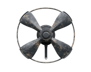 Rusty metal fan with four blades and a circular guard, weathered look