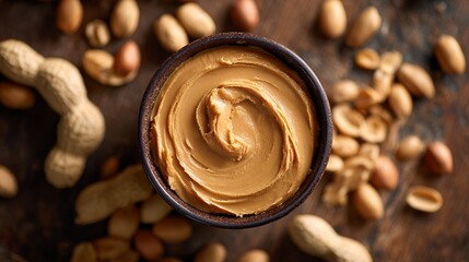 Deliciously creamy peanut butter swirled in a rustic bowl, surrounded by peanuts and nuts on a wooden surface, perfect for culinary and food photography enthusiasts alike.