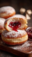 Delicious jelly-filled donuts dusted with powdered sugar, showcasing the vibrant red filling, perfect for dessert lovers and bakery enthusiasts ready to indulge.