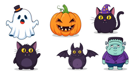 Obraz premium Cute Halloween Characters Collection Ghost Pumpkin Black Cat Bat Frankenstein.