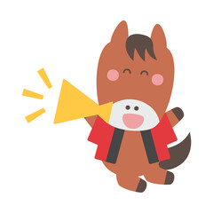 メガホンを持ってジャンプしながら呼び込みをする法被姿のかわいい馬のキャラクターイラスト素材