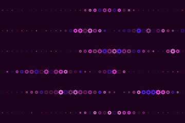 Abstract background with rows of colorful gears and dots creating a dynamic technological pattern in shades of purple, pink, and blue.