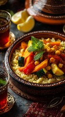 Delight in the vibrant colors and textures of this Moroccan-inspired couscous dish, featuring fresh veggies, chickpeas, and herbs, perfect for a flavorful meal.