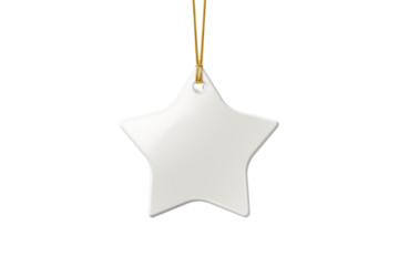 Christmas star ceramic ornament or decoration with golden string mockup isolated on a transparent background, PNG. High resolution. Mockup, template ready for your design.