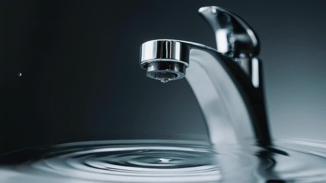 Water drop falling from a tap, creating elegant ripples. Symbolizes water conservation, saving resources, and environmental awareness.