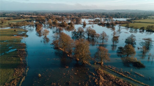 Flooded landscape shows trees standing in still, reflected waters under a cloudy sky