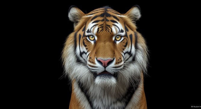 Majestic Feline Portrait, Intense Gaze, Black Background