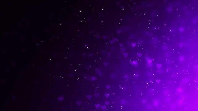 love heart particle background loop, glowing romantic warm purple hearts floating in air for valentine&rsquo;s day, wedding, romantic event visuals