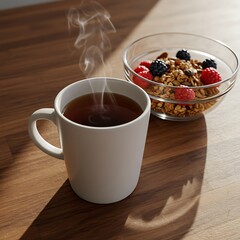 Steaming hot cup of coffee next to a healthy bowl of granola with fresh berries on a wooden surface