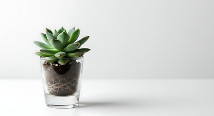Succulent plant in a glass cup on a white surface against a simple background, side view