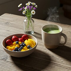 Fruit Bowl and Tea with Flowers on Wood A Vibrant, Healthy Start to the Day