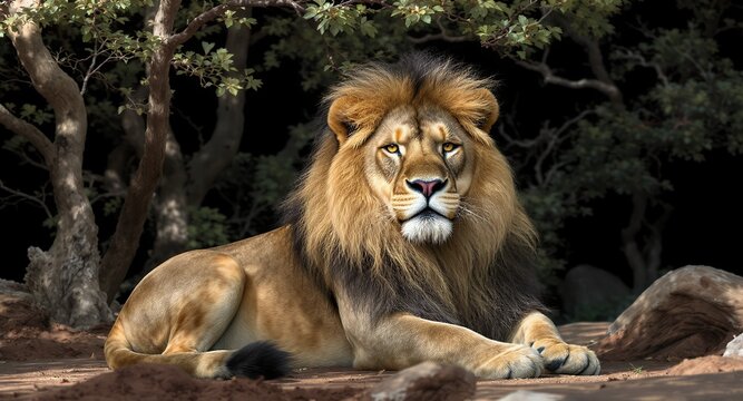 Majestic Lion Portrait with Intense Gaze in Natural Setting