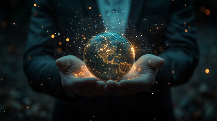 Bright white gold and silver background with a glowing night Earth floating in a businessman’s hands symbolizing eco development energy savings and sustainability representing innovation and responsib