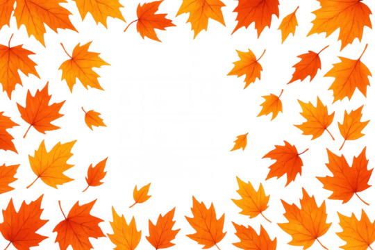 Autumn maple leaves creating a decorative fall season frame with copy space, transparent background