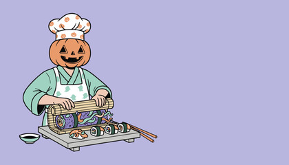 Halloween pumpkin chef making spooky sushi rolls with ghost apron Festive food for celebration © D'Contributor