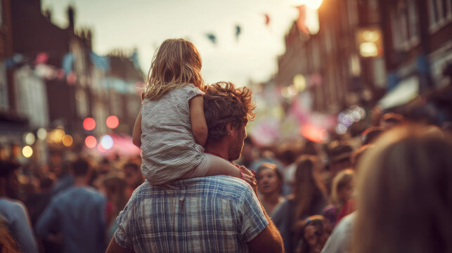 Child sits on father's shoulders in crowded city street during golden hour sunset