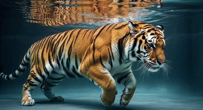 Majestic Tiger Swimming Underwater with Ripples on Surface