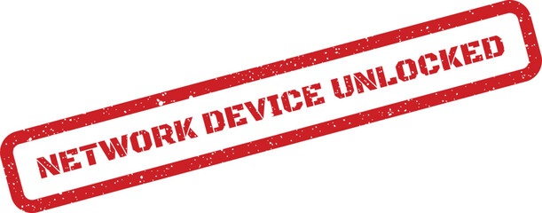 Distressed rectangular stamp featuring the phrase network device unlocked, signifying system access granted