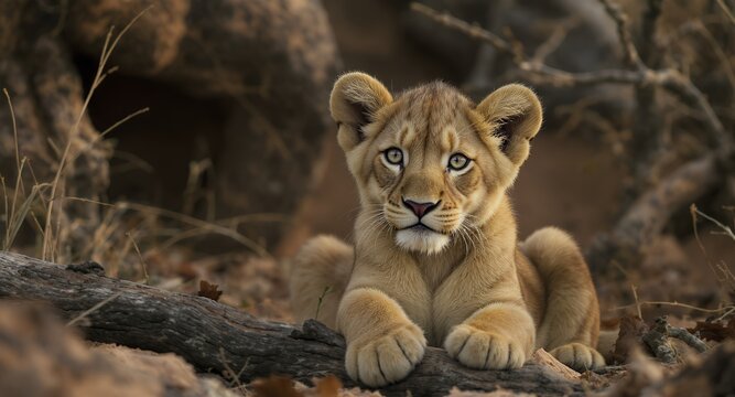 Majestic Young Feline Resting in Natural Habitat, Close-up Portrait of Adorable Wild Animal, Curious Eyes, Innocent Expression, African Wildlife Cub, Savannah Dweller, Untamed Beauty, Fierce Pred